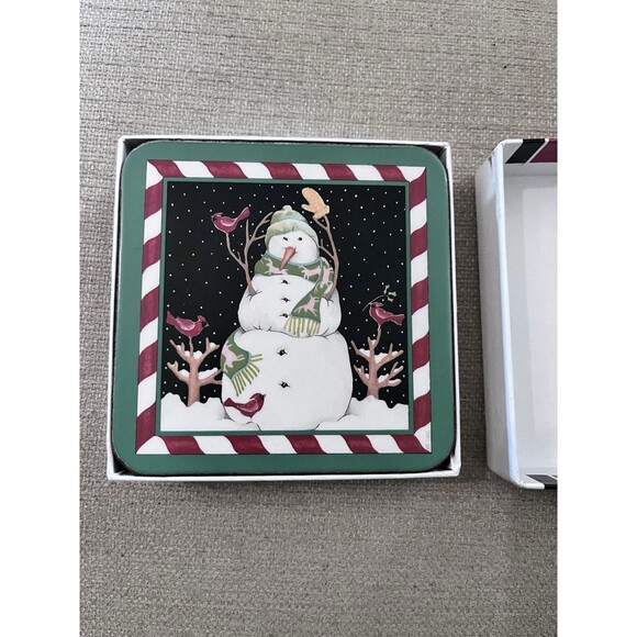 6pc Pimpernel Christmas Cork Back Coasters Set Snowman Angel Deer Santa Cat - Picture 2 of 7
